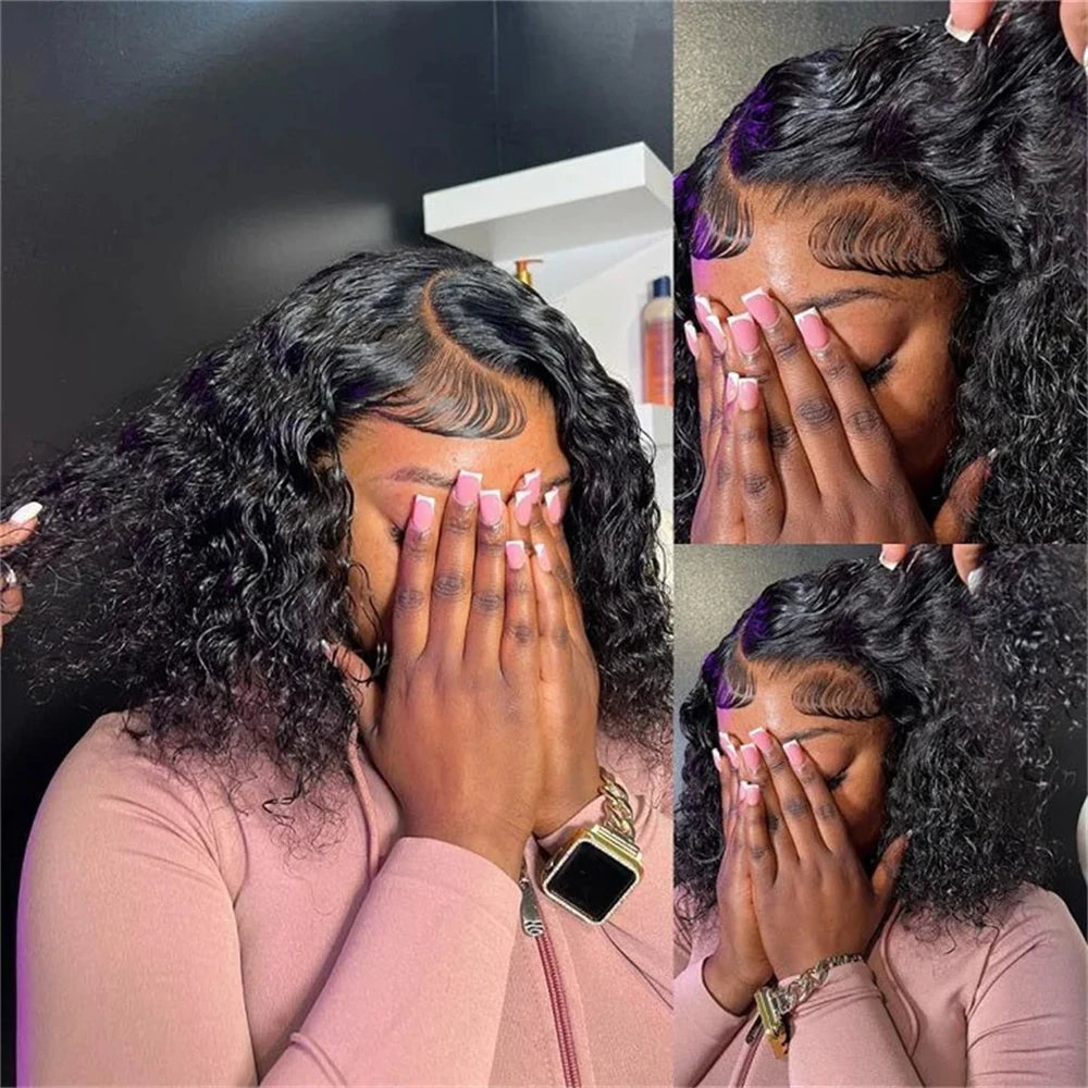 Deep Wave Bob 100% Human Hair Wigs Pre Plucked 13x4 Lace Front Wigs Water Wave Human Hair Curly 4x4 Lace Closure Wigs Burmese Human Hair For Black Women 240% Density 16 Inch