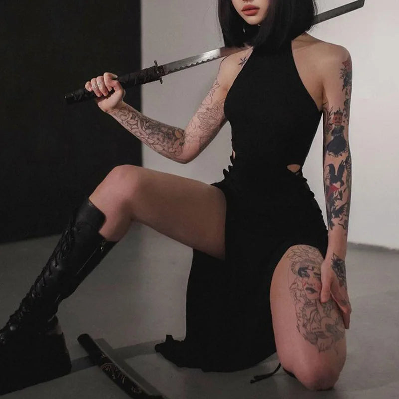 Goth Dark Cosplay High Split Sexy Bandage Women Dresses Y2K Mall Gothic Halter Slim Midi Dress Black Grunge Style Alt Partywear