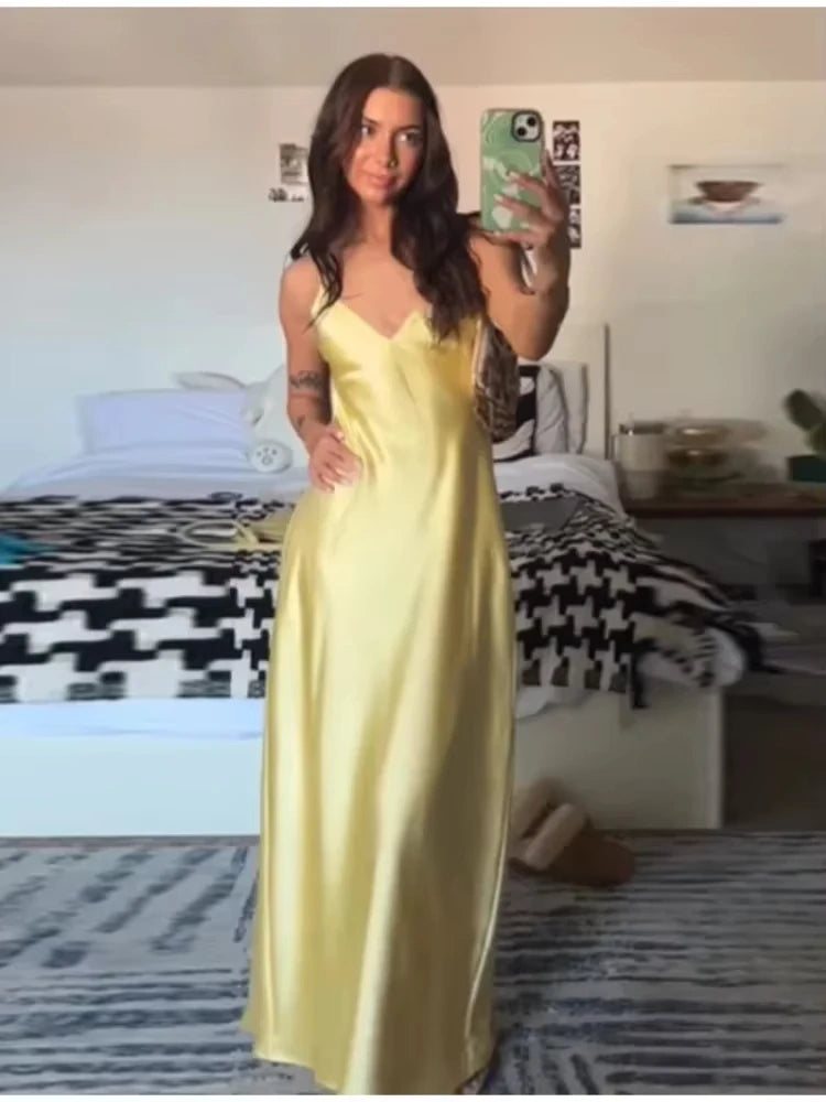 HH Women Summer Yellow Stain V Neck Sling Dress Elegant Sleeveless Loose Maxi Robes 2026 New Ladies Party Holiday Dresses