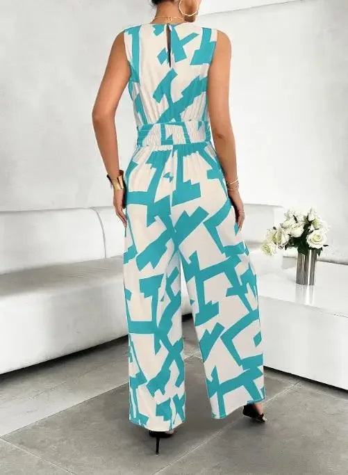 Summer Fashion Vacation Style Jumpsuits for Women Casual V Neck Sleeveless Color Blocking Lace Up High Waist Wide Leg Jumpsuit
