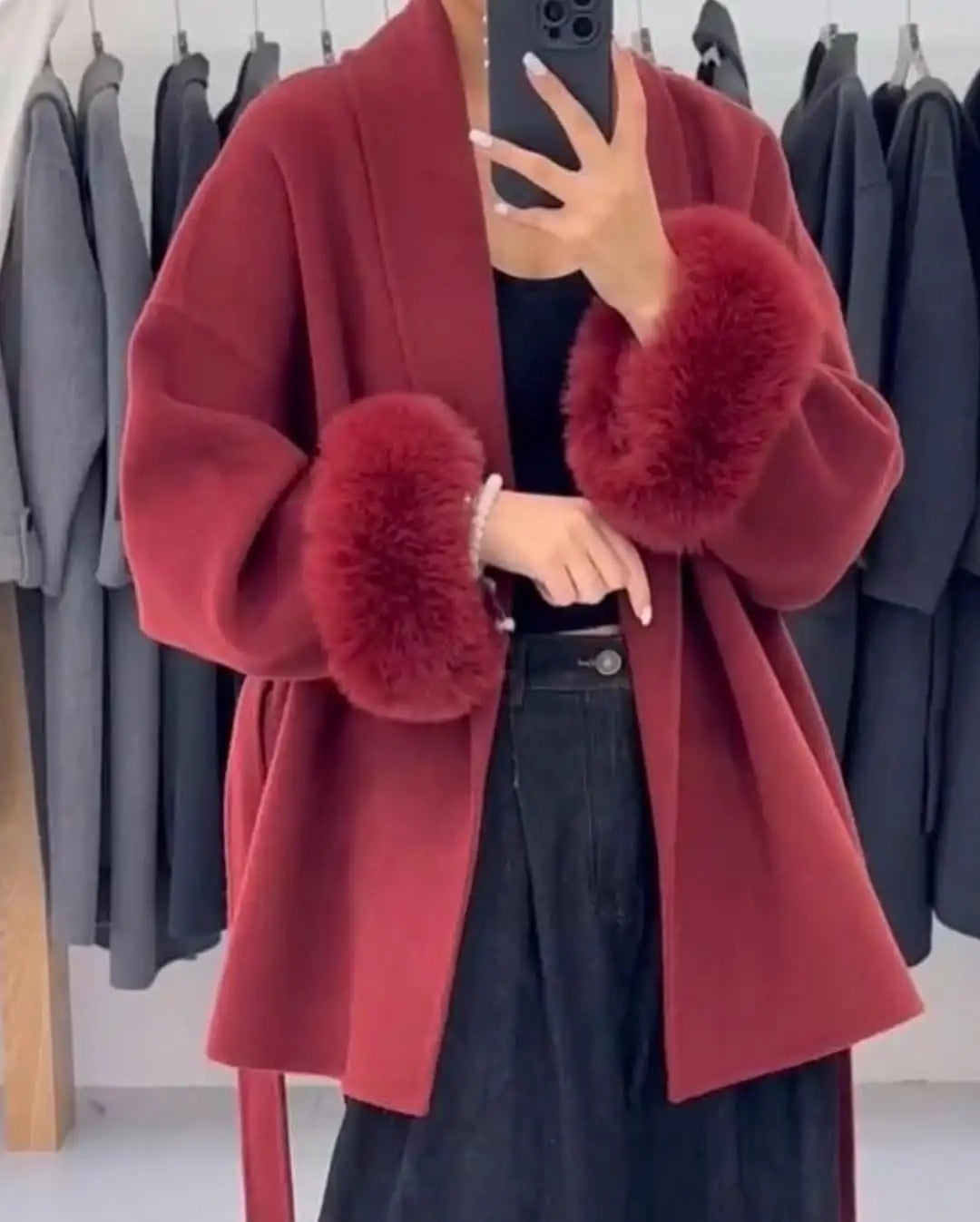 Elegant Lace Up Woolen Short Coat Solid Loose Lapel Furry Belt Long Sleeve Jacket Female 2025 Autumn Winter Lady Chic Cardigan