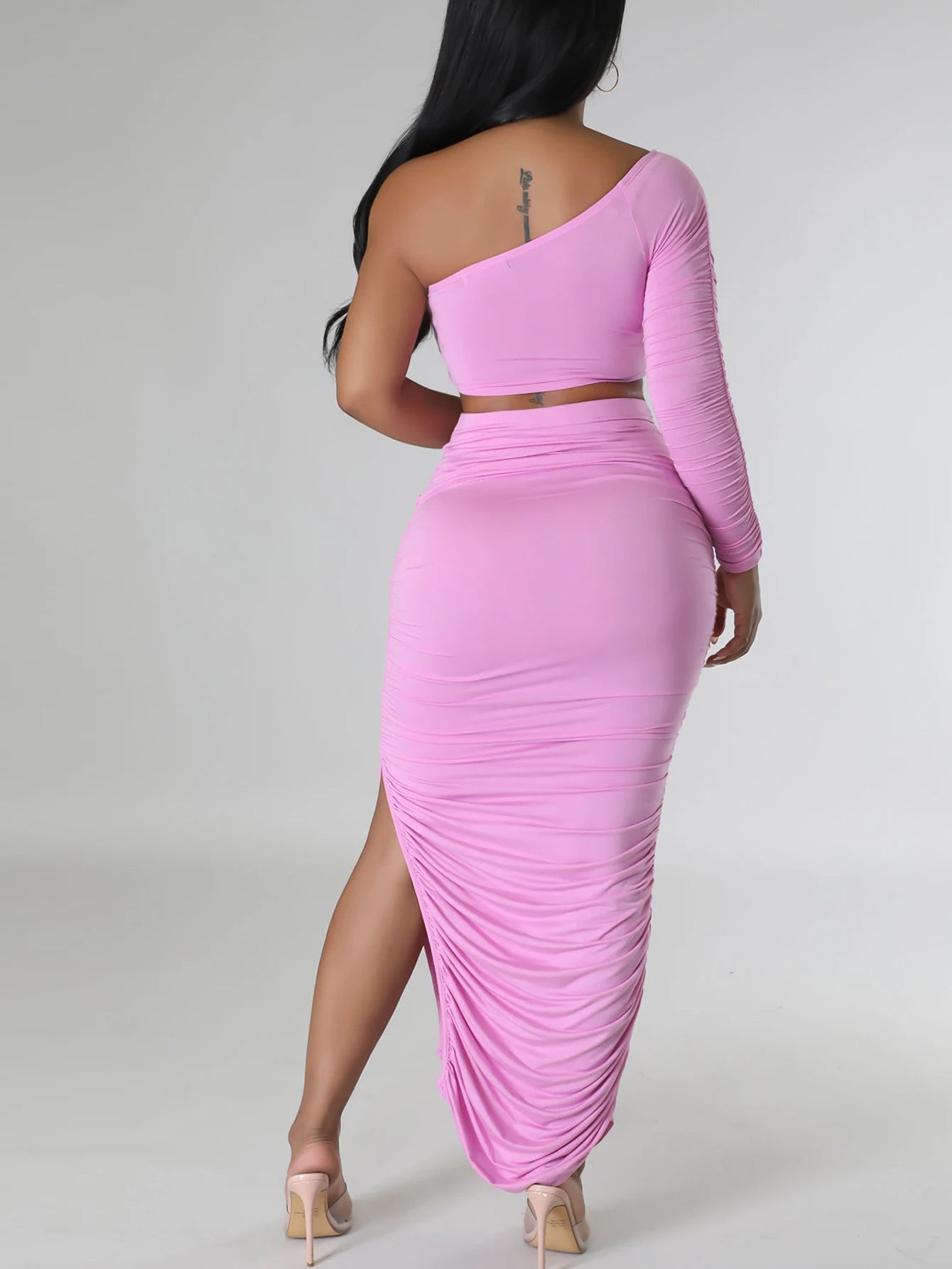 Women's one shoulder sleeve sexy short top patchwork tight pleated irregular long skirt two-piece set