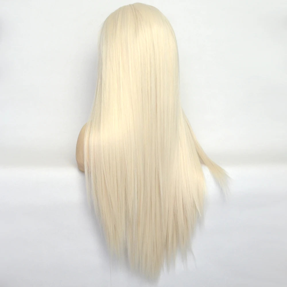 Voguequeen Platinum Blonde Synthetic Lace Front Wigs Silky Straight Heat Resistant Fiber Daily Wear For Women