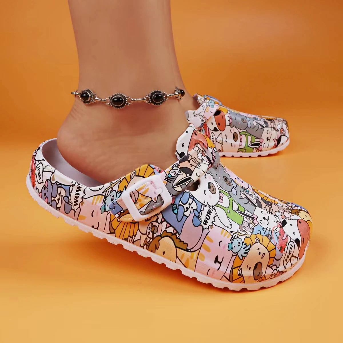 Women Flat Indoor Slippers Printing Soft EVA Soles Adjustable Strap Easy-On Nurse Shoes Comfortable Work Clog Shoes For Women