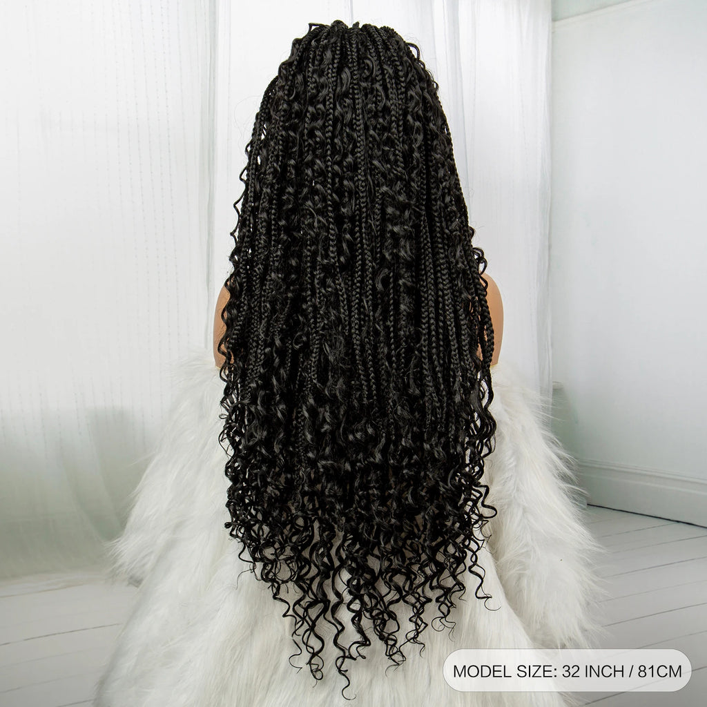 32inch Synthetic Boho Knotless Braided Wigs for Black Women Bohemian Box Braids Wigs Lace Front Braided Lace Wigs with Baby Hair