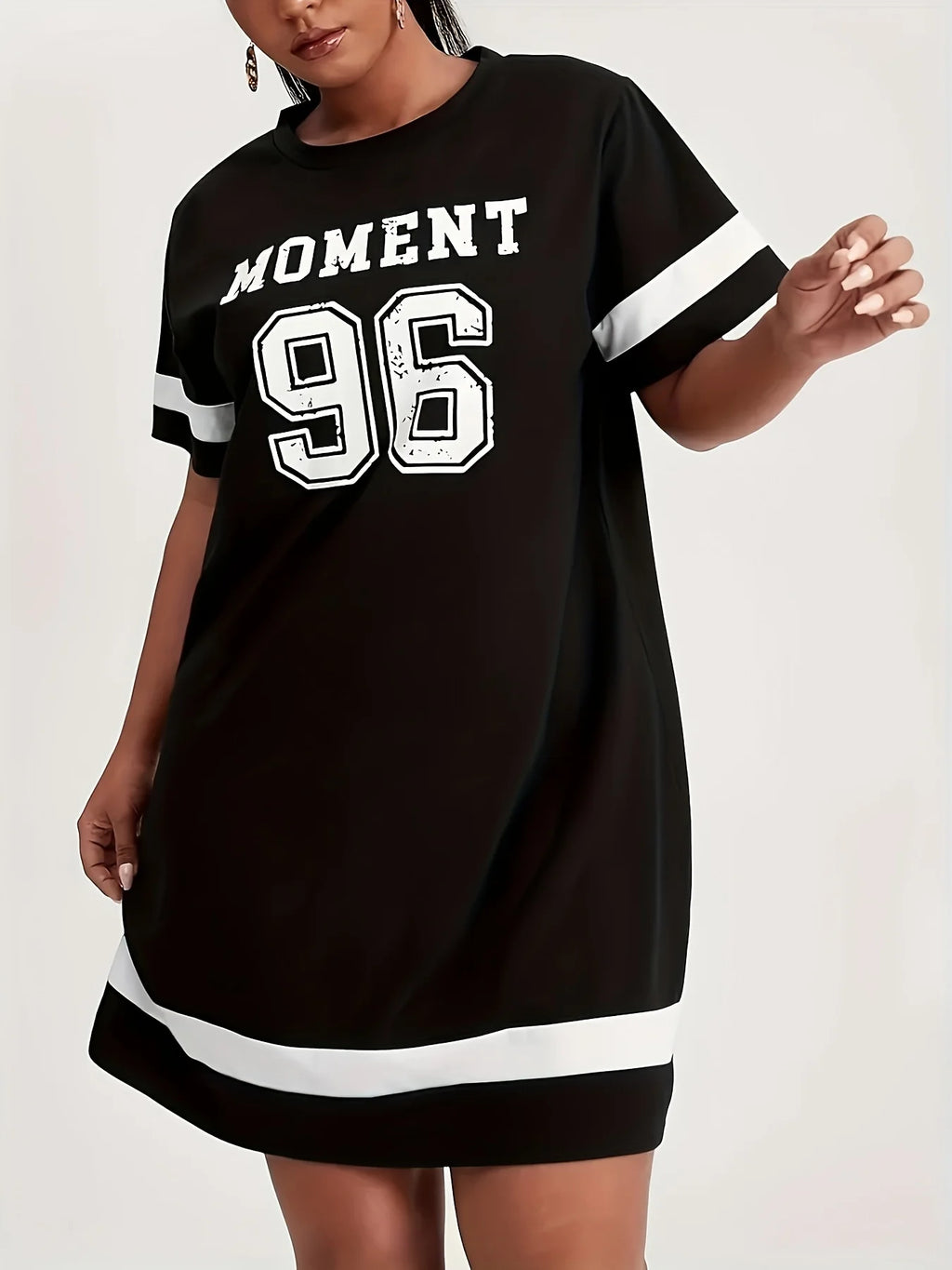 Plus Size Summer 2025 Women's Graphic Print Mini Dress Casual Sports Style with Drop Short Sleeves Black White Stripe Clothes