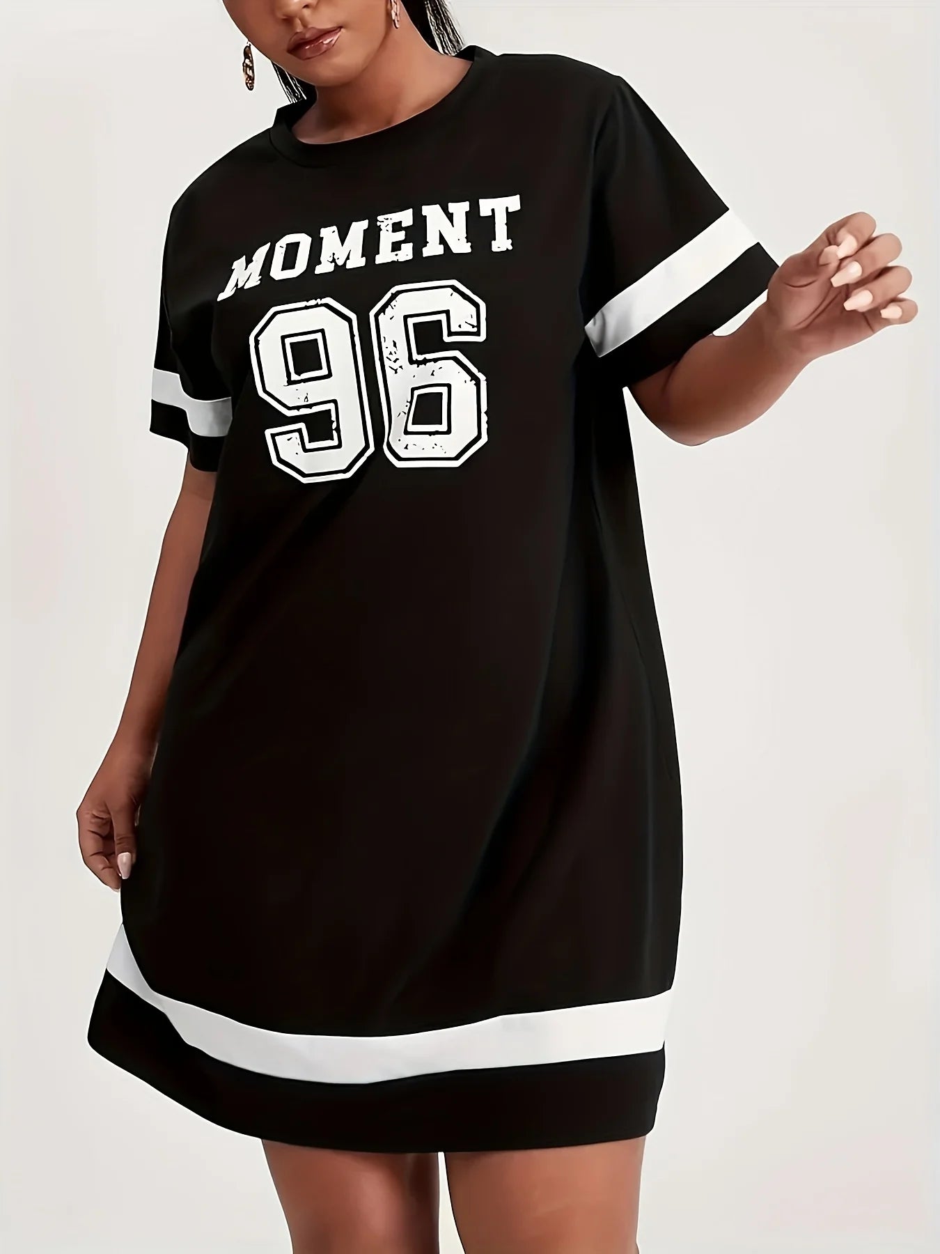 Plus Size Summer 2025 Women's Graphic Print Mini Dress Casual Sports Style with Drop Short Sleeves Black White Stripe Clothes
