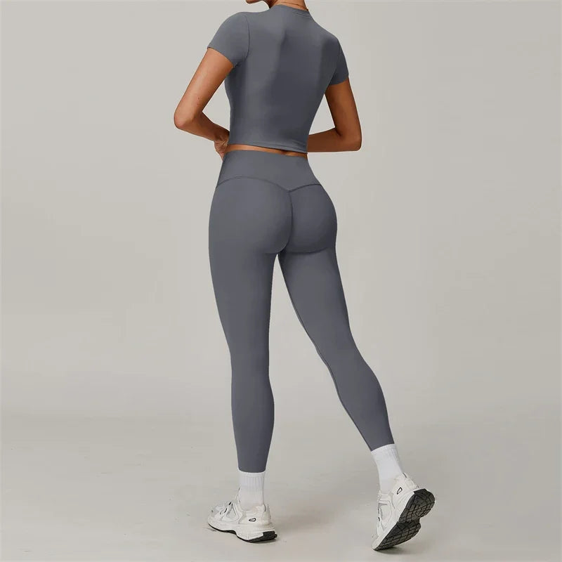 2 Pieces Women Yoga Set Workout Sportswear Gym Clothing Fitness Short Sleeve Crop Top High Waist Leggings Sport Suits