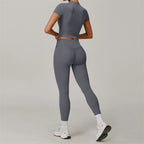 2 Pieces Women Yoga Set Workout Sportswear Gym Clothing Fitness Short Sleeve Crop Top High Waist Leggings Sport Suits