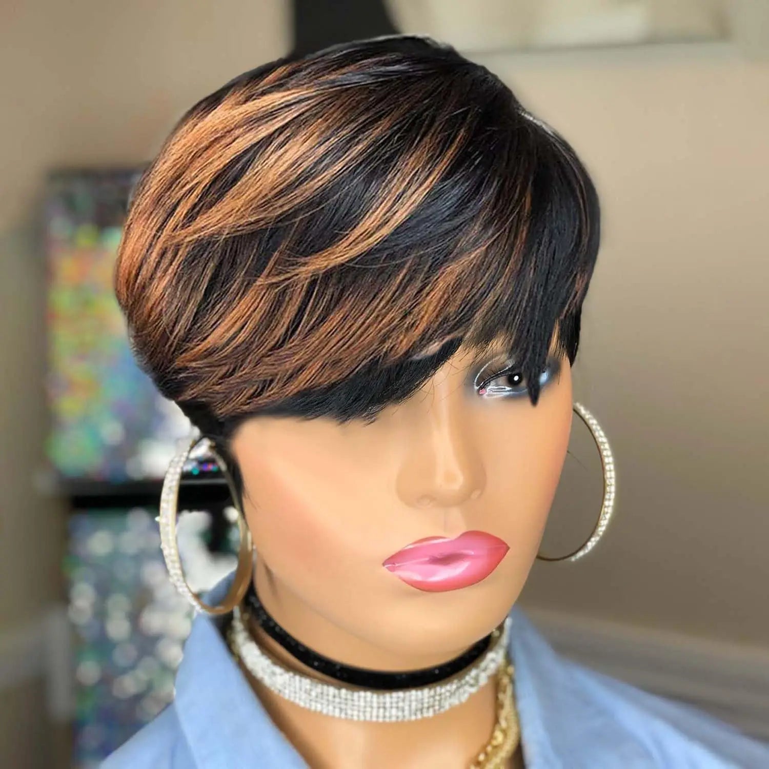 Pixie Cut Wig Human Hair Short Wig for Black Women Short Pixie Wig With Bangs full machine made  Wig Secondary image