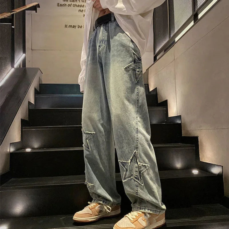 Xpqbb Y2K Vintage Streetwear Jeans Women Harajuku Star Aesthetic Wide Leg Denim Trousers High Waist Unisex Couple Straight Pants