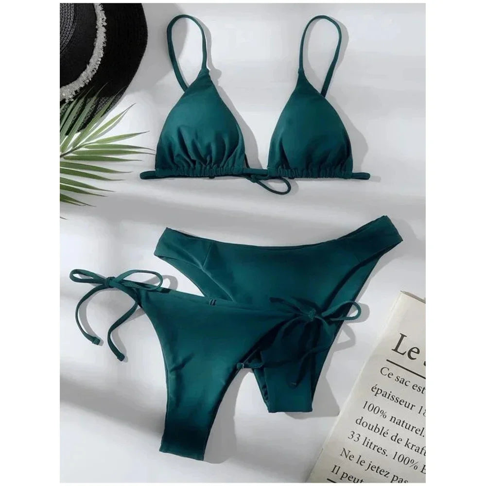 Sexy 3 Pieces Set Swimwear Women Lace Up Micro Bikini Set Female Solid Low Waist Swimsuit Beachwear Bathing Suit Main image