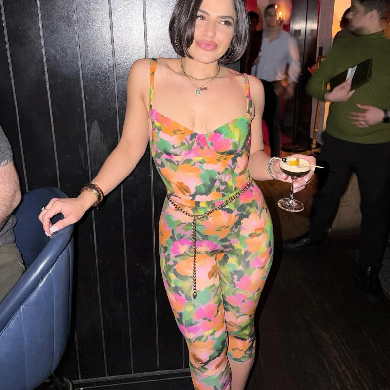 Floral Print Sexy Bodysuit Pant Set Hot Girl Sweetheart Backless Spaghetti Straps Top Elastic Waist Capri Pants Lady Outfit