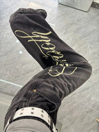 American New Fashion Oversized Letter Printing Black Washed Jeans Ladies Y2K Popular Casual Joker Loose Wide-leg Mop Pants