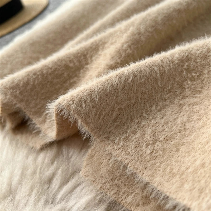 Fluffy Fuzzy Knit Midi Skirt For Women High Waist Slimming Straight Long Skirt Warm Soft Imitation Mink Cashmere Skirt SK604
