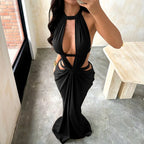 Halter Cut-Out Draped Super-Cut Back Bare Elegant Party Maxi Dress Waistless Backless Sleeveless Khaki Evening Prom Long Dress
