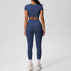 2PCS Woman Gym Sports Yoga Set Knitted Slim Workout Top Short Sleeve Quick Drying Legging Fitness Pants Running Sports Yoga Suit