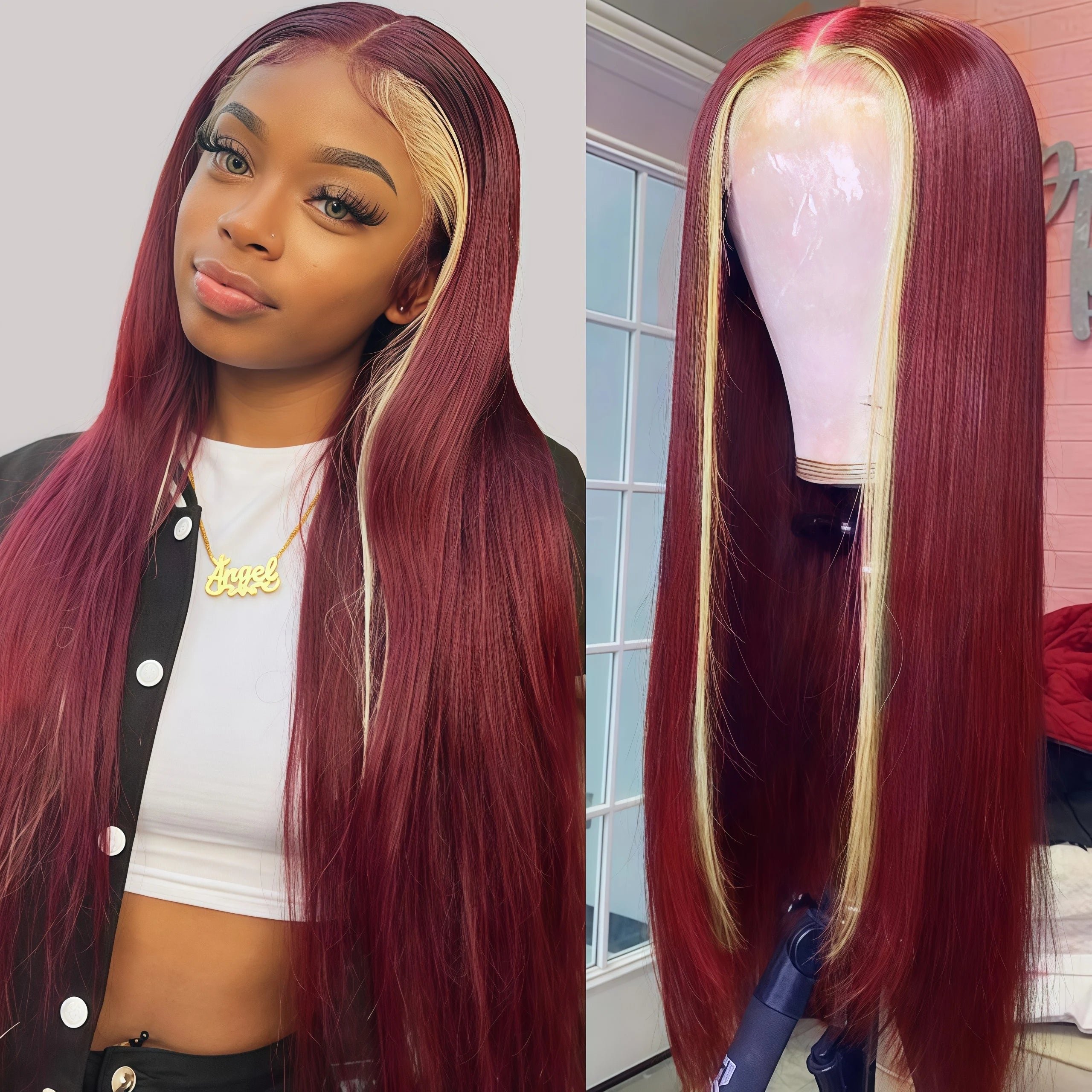 99J/613 Colored Highlight 13x4 Hd Transparent Straight  Lace Front Wigs Omber Blonde With Burgundy Red Human Hair Wigs Brazilian