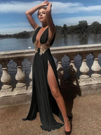 JRRY Sexy Women High Slit Maxi Dresses Deep V Neck Backless Long Dress Solid Pattern Floor Length Dress Vestidos