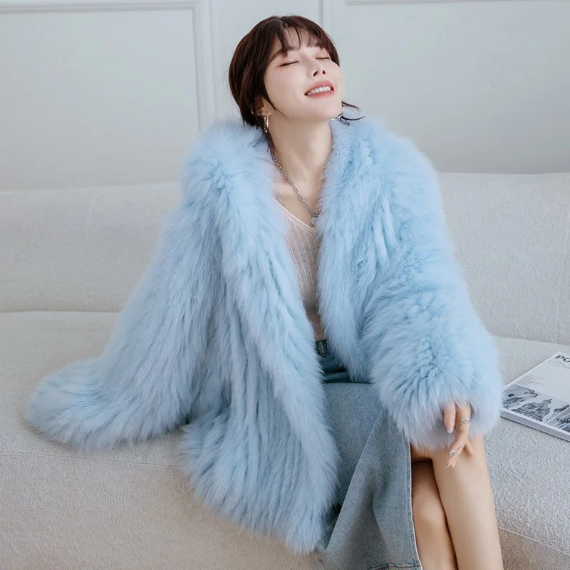 Fox Fur Coat Women's Winter Fashion Warm 100% Fox Fur Coat Hooded Long Sleeved Sweet Women's Luxury Designer Coat Main image