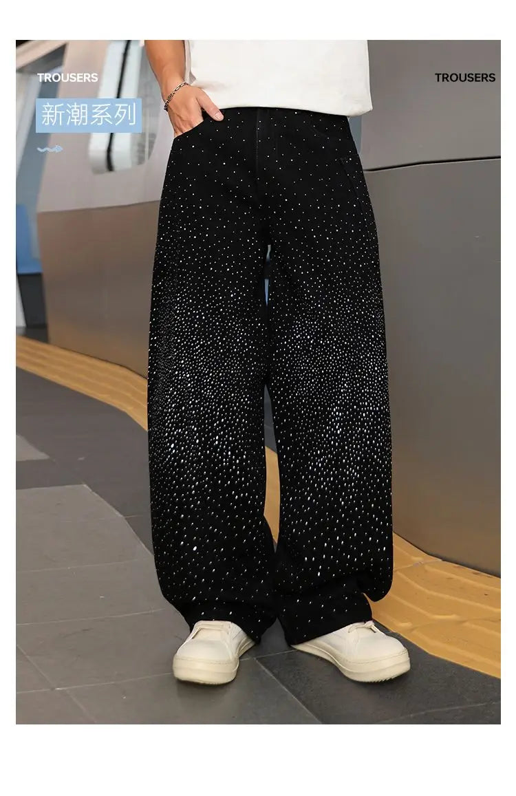 Spring/Summer Rhinestone Straight Leg Jeans Retro Loose Fit Slimming Pants Casual Korean Style Long Pants