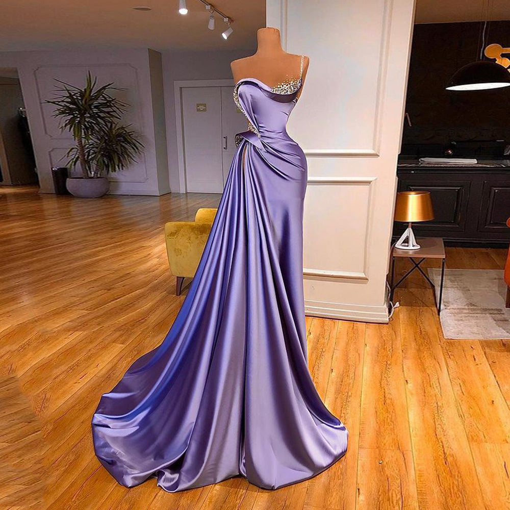 Lilac Evening Dress 2026 Beading One Shoulder Stones Ruched Sweep Train Robe De Soiree Women Pageant Party Gowns