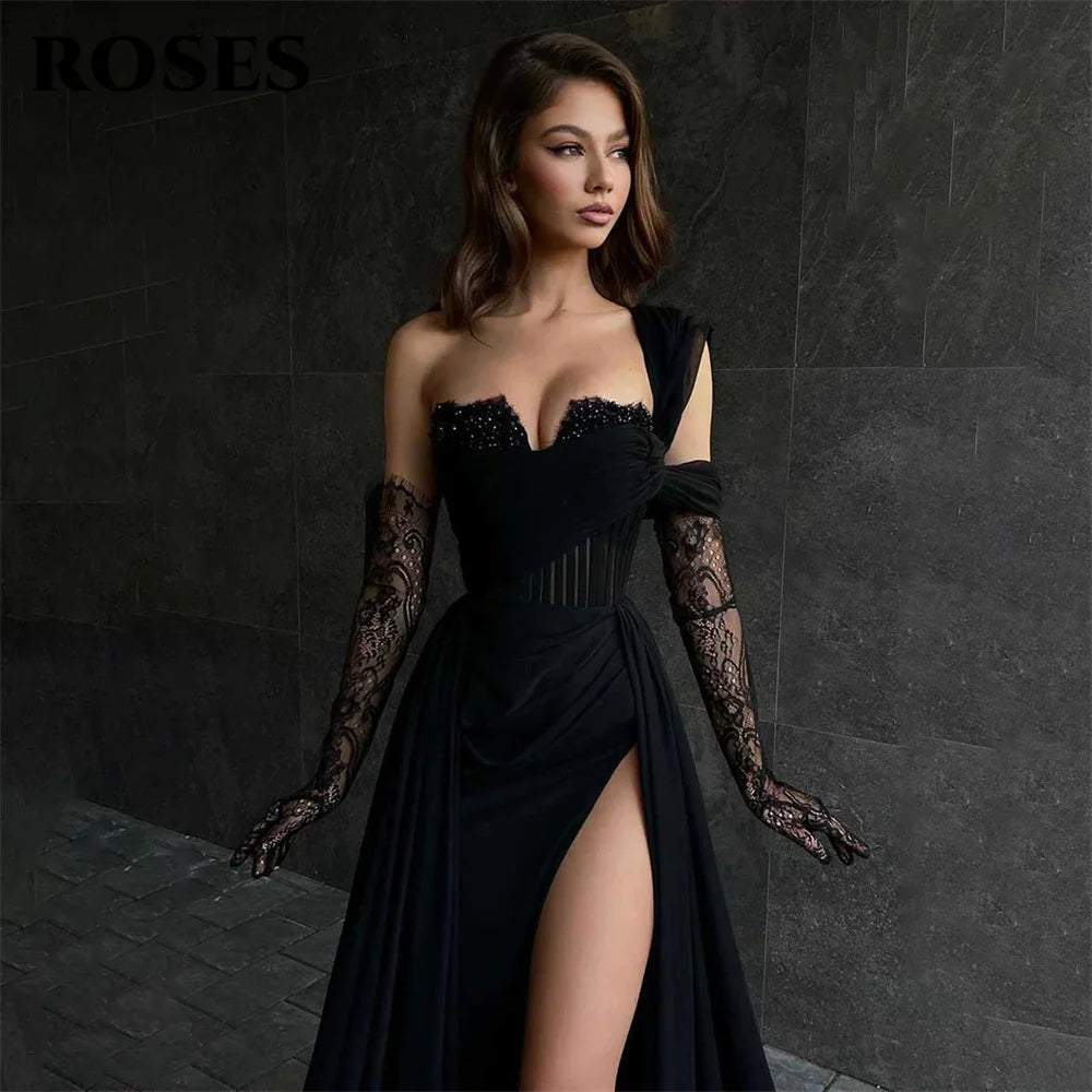 ROSES Red Side High Split Mermaid Evening Dresses One Shoulder Prom Dresses Sweetheart Stain Formal Occasion Dress Customized Secondary image