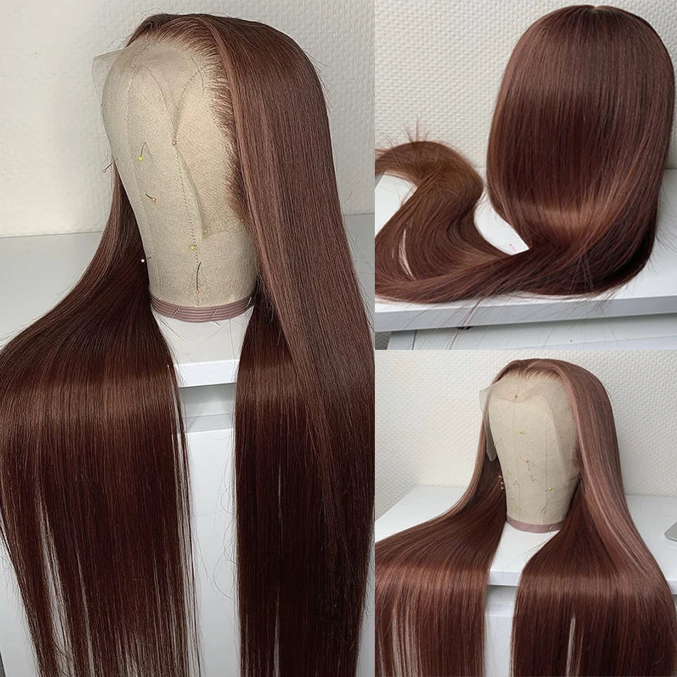 Chocolate Brown Straight 13X6 Hd Lace Frontal Wig Colored 100% Human Hair 13X4 Lace Front Wigs For Women Preplucked 30 36 Inch