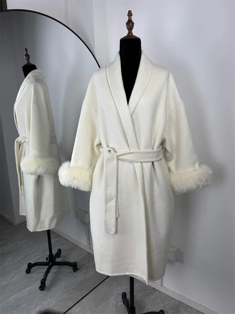 Elegant Lace Up Woolen Short Coat Solid Loose Lapel Furry Belt Long Sleeve Jacket Female 2025 Autumn Winter Lady Chic Cardigan