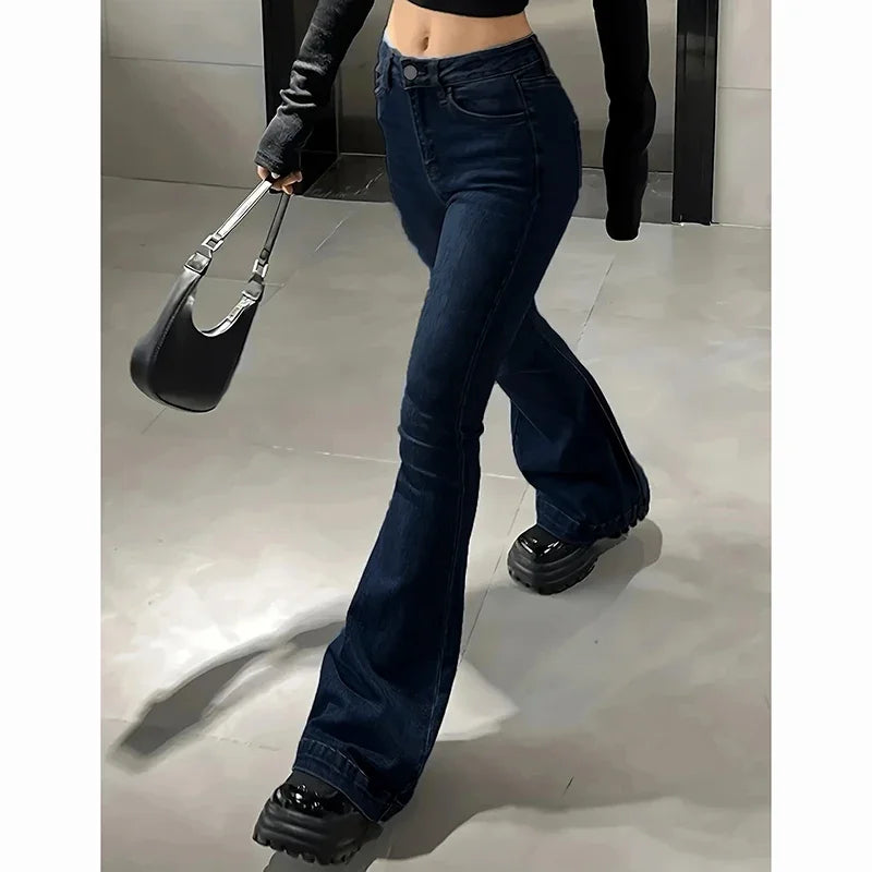 2026 Girls Concise Ins High Waist Flared Jeans Female Stretchy Bootcut Denim Pants Women Solid Color Thin Bell Bottoms Trousers