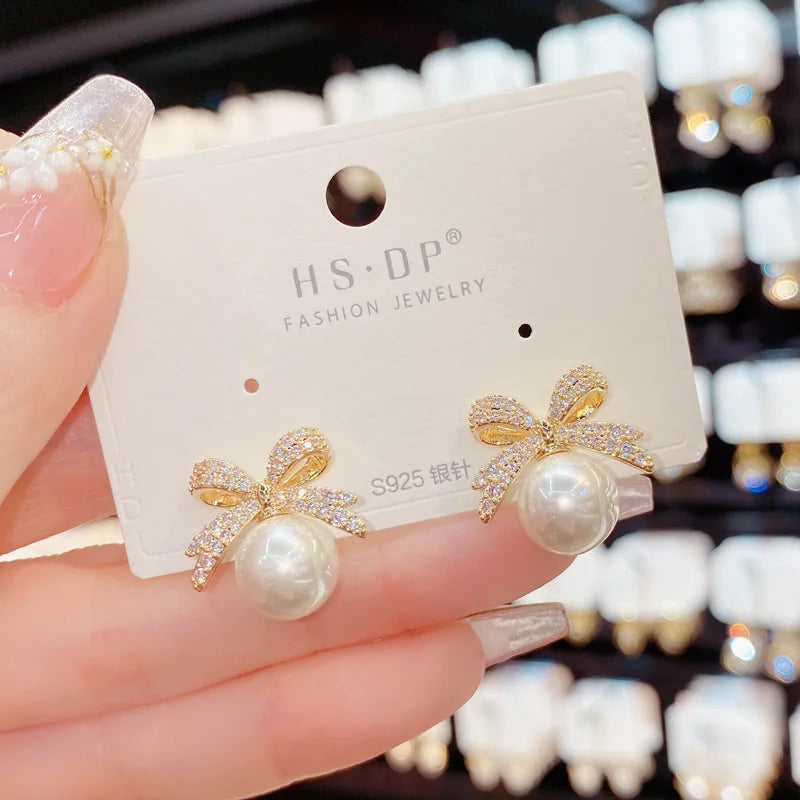 Sparkling Rhinestone Bow Pearl Stud Earrings Light Luxury Fashion Jewelry Women Gifts Wedding Birthday