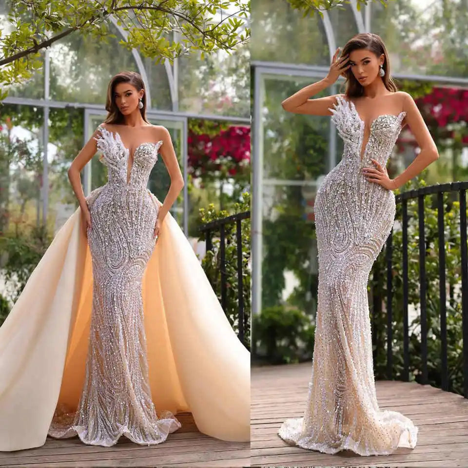 Fashion Mermaid Evening Dress Sleeveless Prom Gowns V-Neck Beads Satin Pearls Sexy Prom Dress vestidos de novia Size Customized Main image