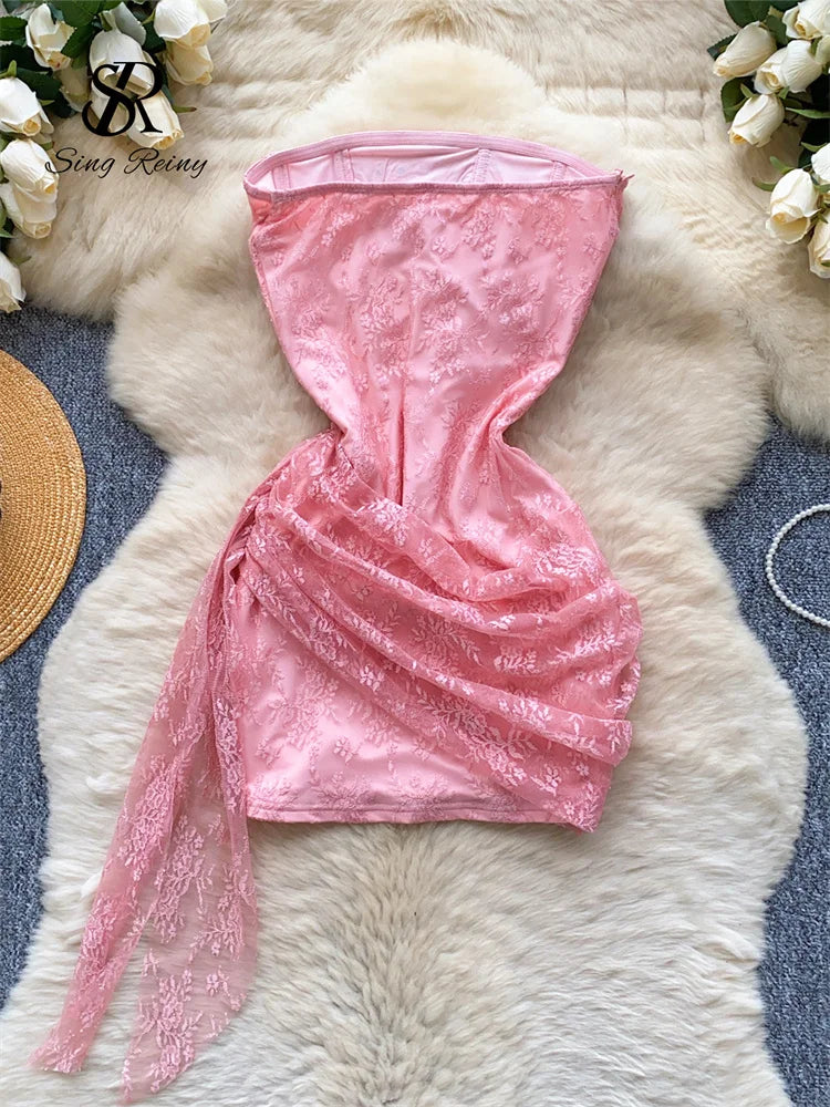 SINGREINY French Strapless Sexy Short Dress 2025 Heart Hollow Out Beading Sundress Backless Corset Lace Beach Mini Dress