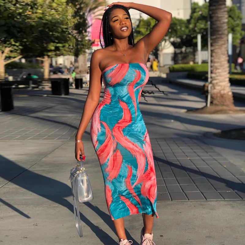 Spring/Summer Women's Colorful Tie Dye Print Off Shoulder Wrapped Chest Dress