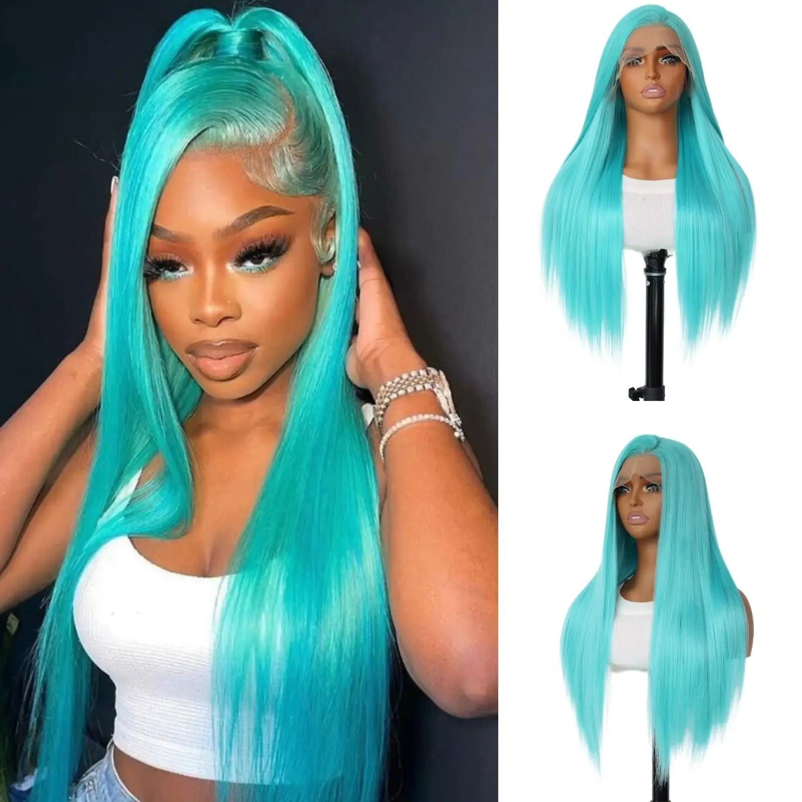 Mint Blue Color Synthetic Lace Front Wigs for Fashion Women 24 Inch Long Silky Straight Hair Mint Green Wig 13x4 HD Lace Front W Secondary image