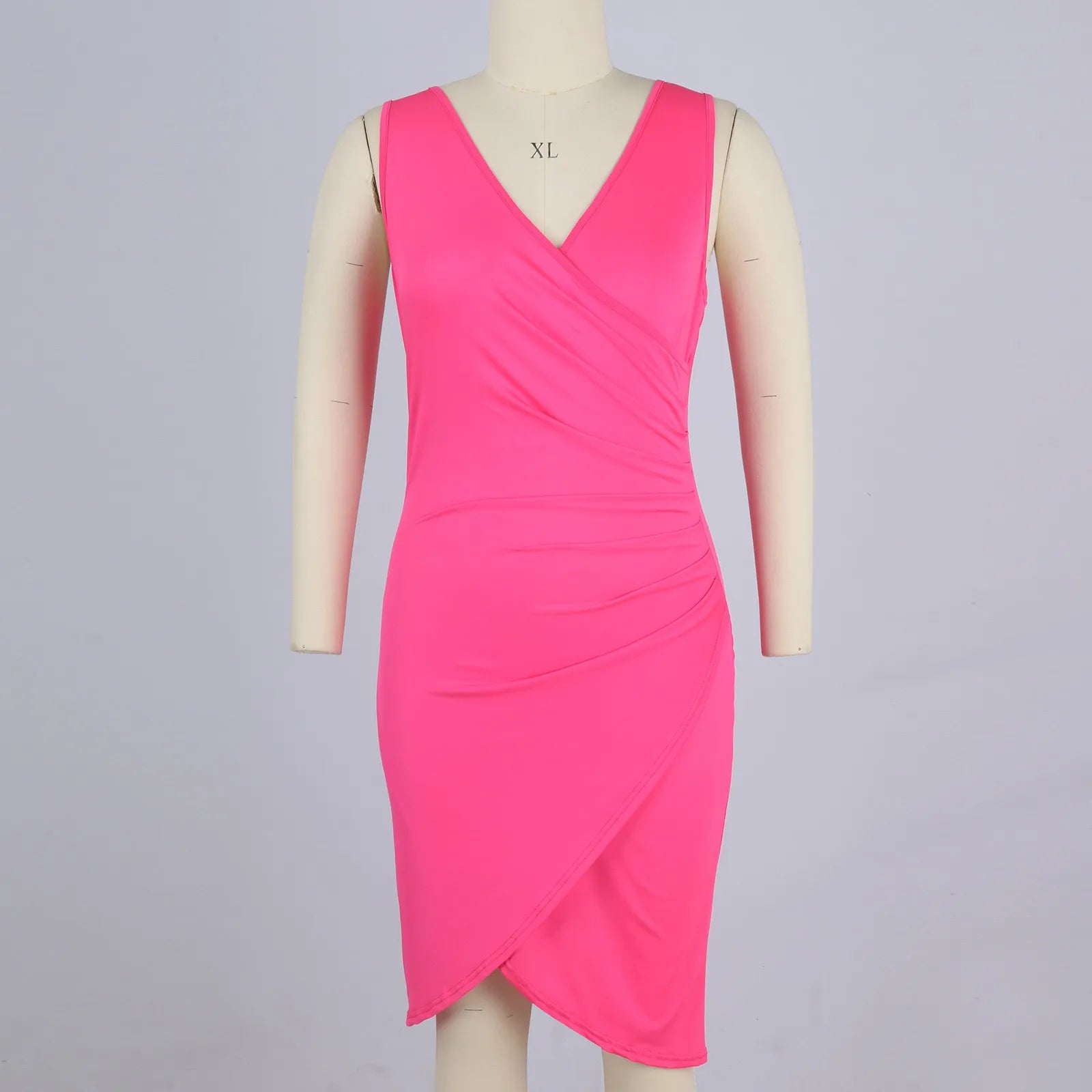 Summer Sexy Solid Sleeveless V-Neck Women Dress Hip Slim Fit Ruched Bodycon Skirt Fashion Simple Ladies Evening Party Dress