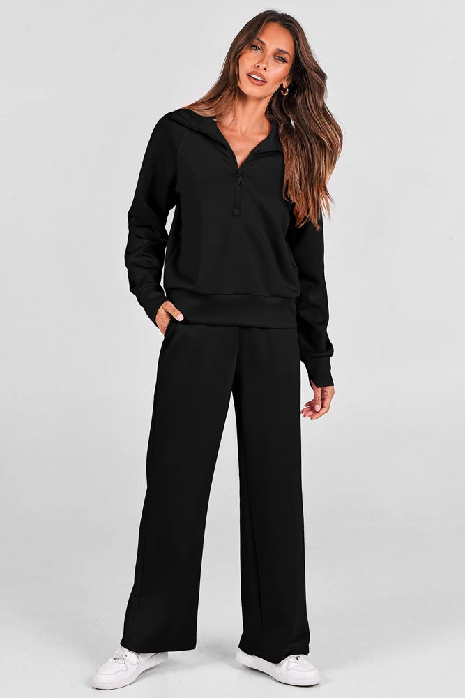 Womens 2 Piece Outfits Sweatsuit Set Oversized Half Zip Sweatshirt Wide Leg Sweatpants Lounge Set Tracksuit