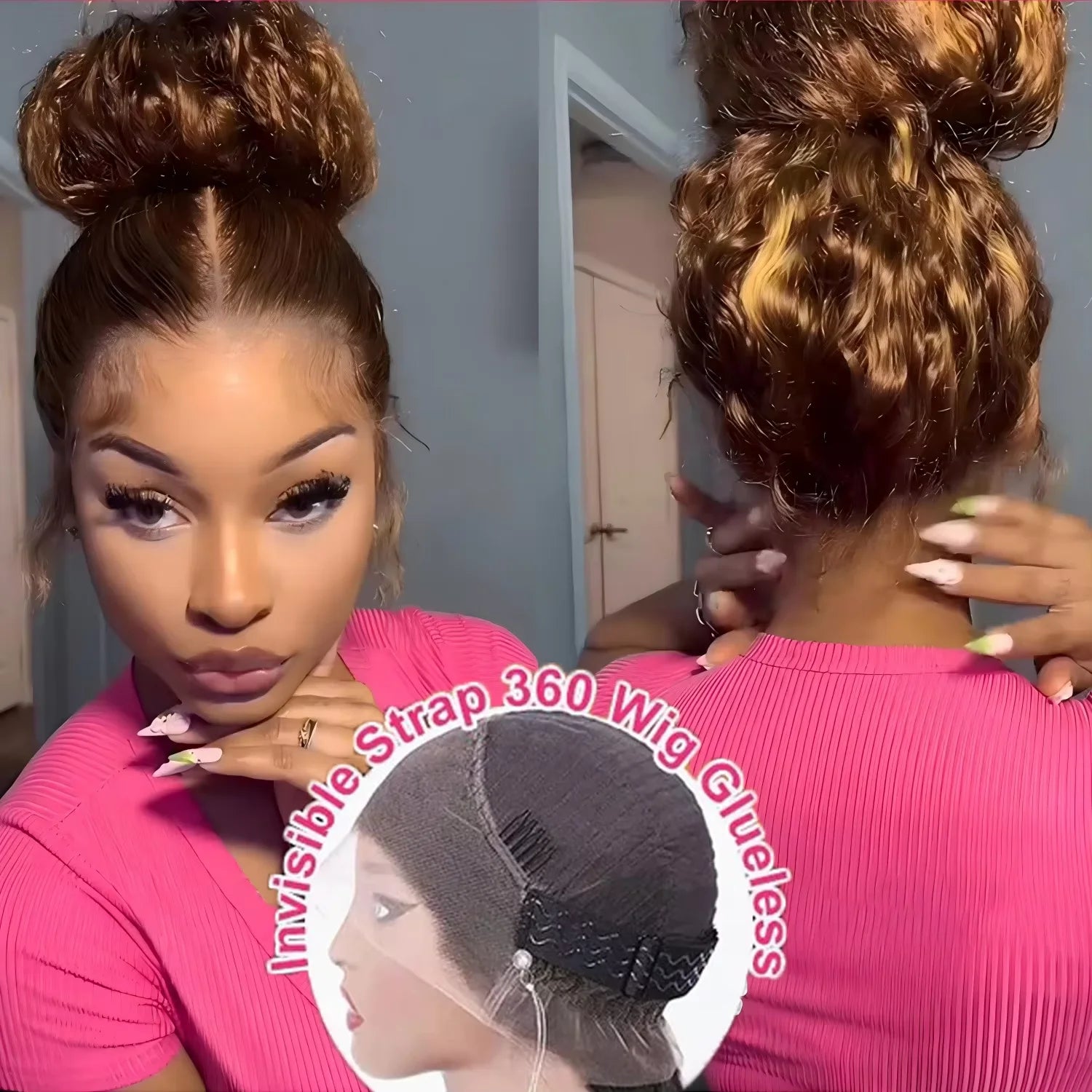 250Density Deep Wave Human Hair Wig 360 Full Lace Front with Hidden Strap 4/27 Blonde Highlights Pre Plucked Brazilian Curly Wig Secondary image