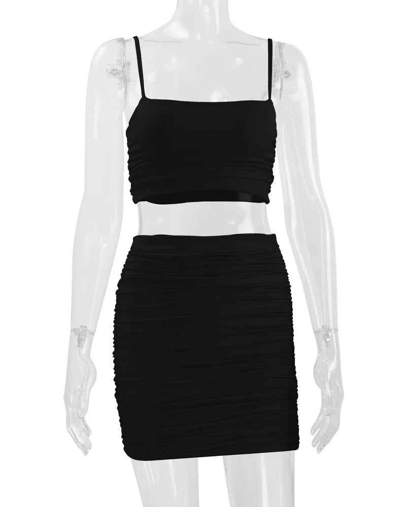 Women's New Sexy Sleeveless Strap Small Tank Top Short Top Fashion Wrinkle Bag Hip Skirt Two Piece Set
