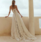 Customized  Elegant Wedding Dress  Women Illusion Lace Appliques Sleeveless Backless A-Line Long Tulle Bridal Gowns