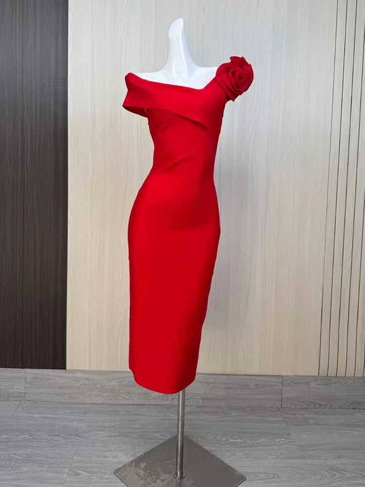 2026 Sexy Off The Shoulder Flower Patchwork Bandage Dress Women Red Florals Bodycon Midi Dresses Evening Party Gowns