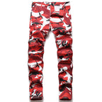 Men Red Camouflage Print Jeans Casual Slim Straight Pants Contrast Color Streetwear Trousers