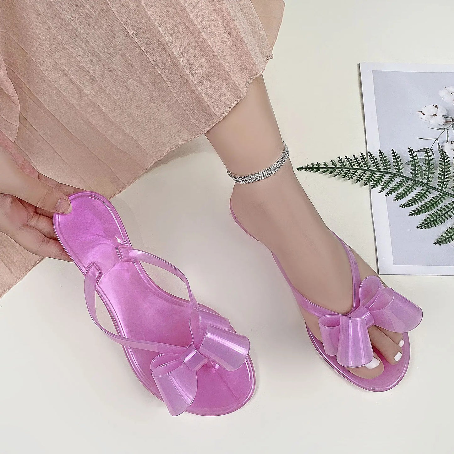 EOFK Summer Jelly Slippers Women Butterfly PVC Sweet Beach Pull On Flat Solid Ladies Versatile Fashion Anti slip Slippers