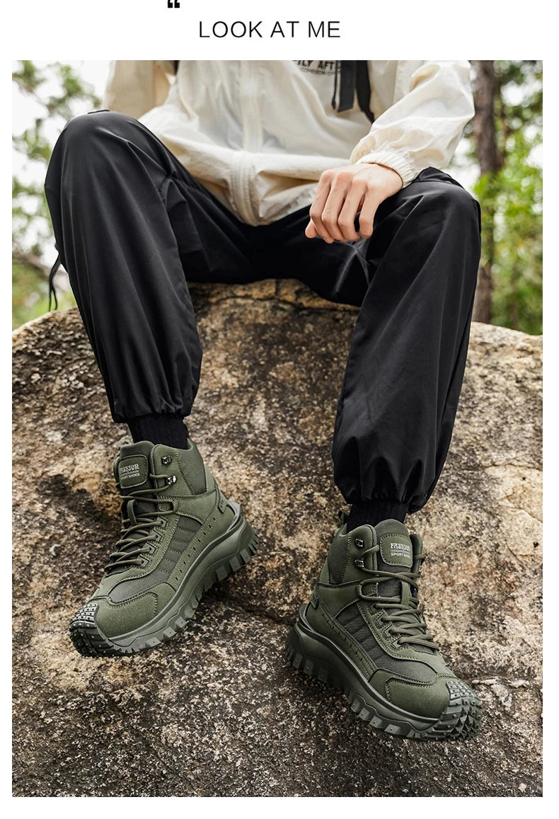 Men's Thick-Soled High-Top Boots, Non-Slip and Wear-Resistant, Suitable for Outdoor Hiking and Everyday Casual Wear