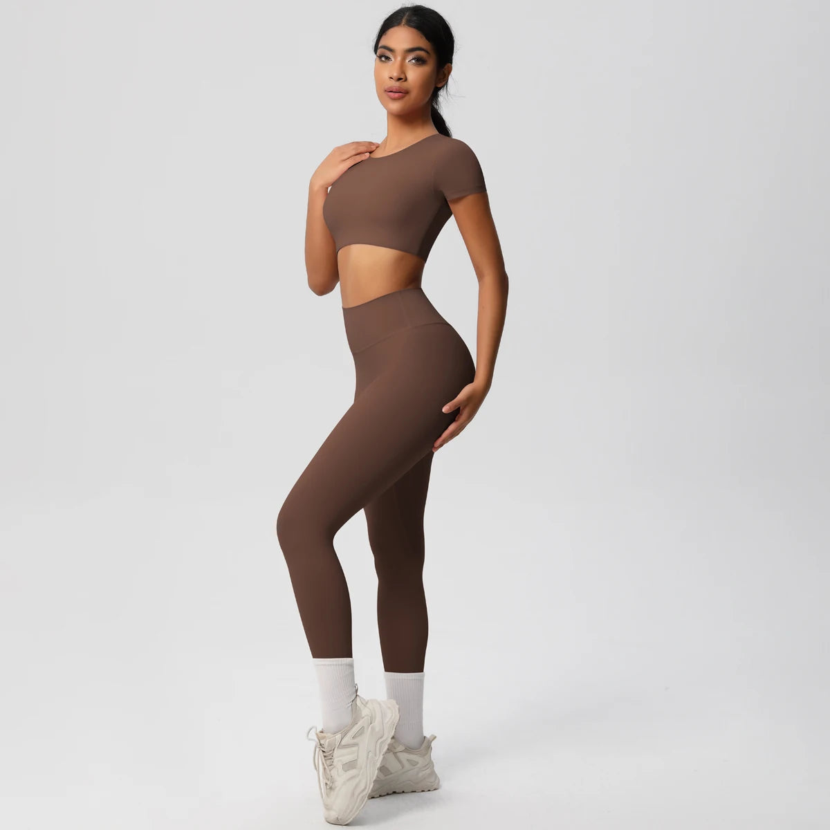 2PCS Woman Gym Sports Yoga Set Knitted Slim Workout Top Short Sleeve Quick Drying Legging Fitness Pants Running Sports Yoga Suit