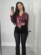 Sisterlinda Faux Leather Single Button Crop Jacket Women Autumn Trend Cross Neck Full Sleeve Wild Style Classic Streetwear Coat