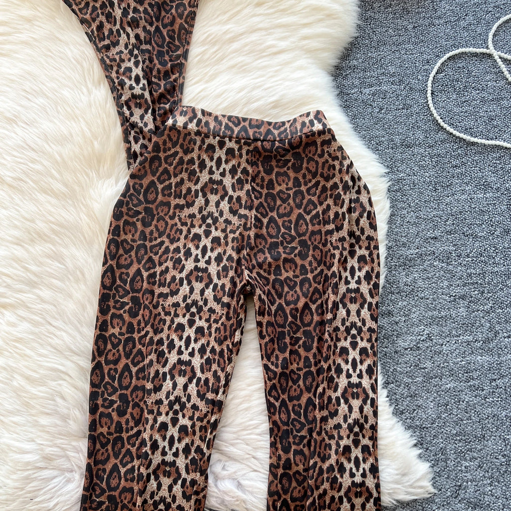 SINGREINY 2026 Newest Leopard 2pcs Suits Women Sexy Strap Tops+Elastic Waist Flared Pants American Ins Fashion Hotsweet Sets