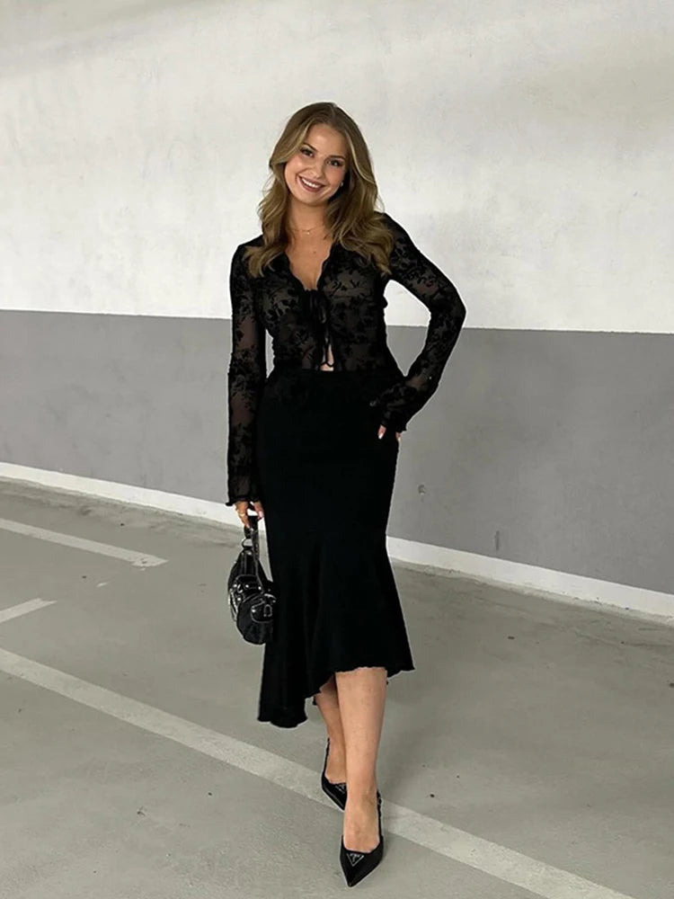 Autumn New Fashionable Chiffon Slim Fit Ruffle Trumpet Sleeve Shirt for Women