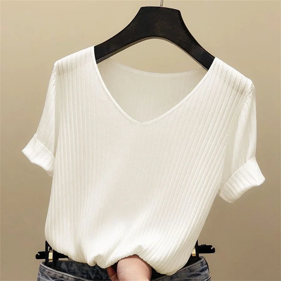 Blouse Women Blusas Mujer De Moda Verano Short Sleeve Blouse V-Neck Knitted Blouse Shirt Tops Women Blusas DF4907 Main image