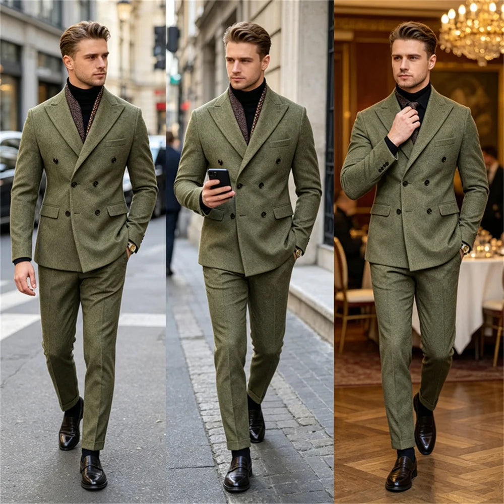 Wool Blend Men's 2 Piece Suit Set（Jacket+Pants) Double Breasted Lapel Suit Set Wedding Prom Dinner Wrok Travel Dinner Banquet
